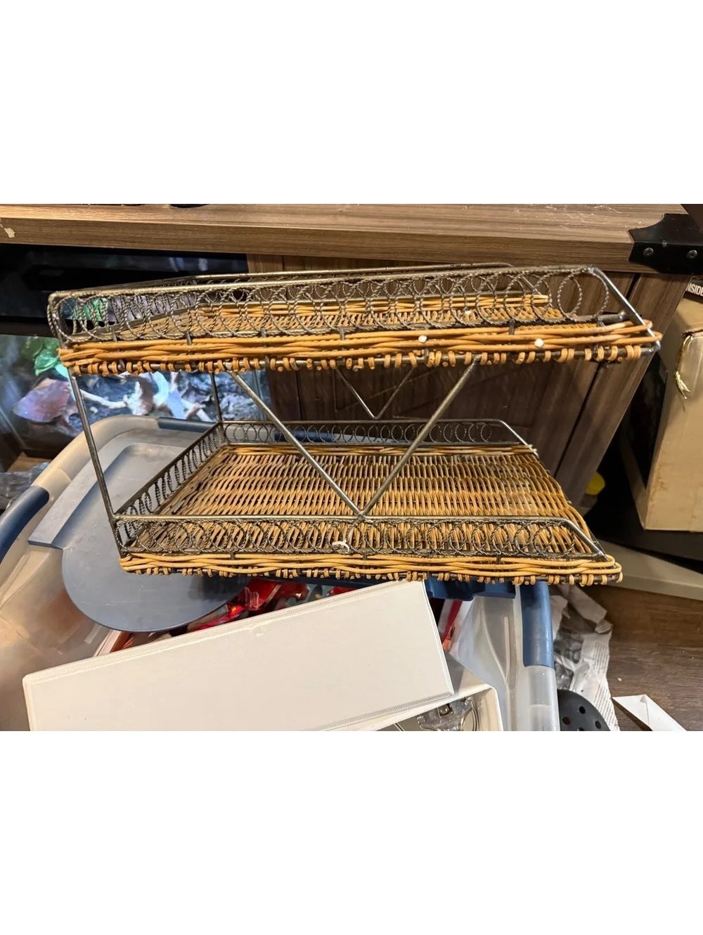 Vintage Two-Tier Wicker and Metal Serving Tray